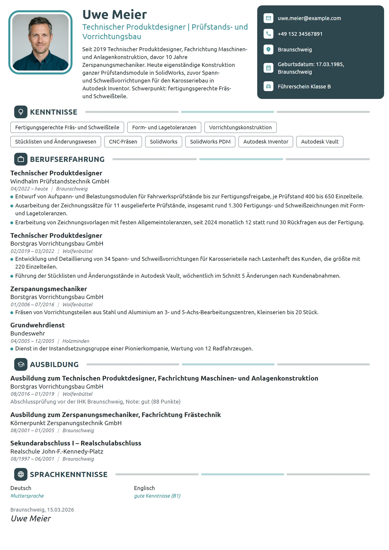 Lebenslauf-Beispiel: Technischer Produktdesigner, Prüfstandsbau