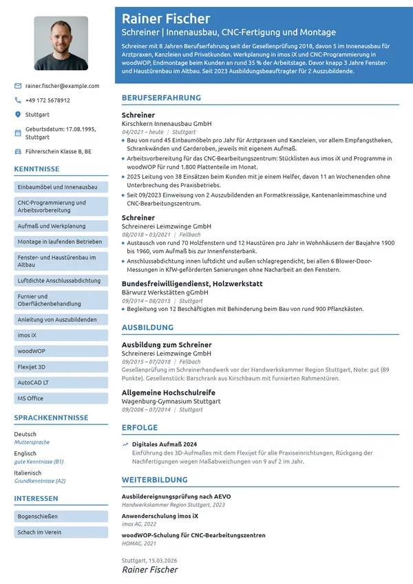 Lebenslauf-Beispiel: Schreiner im Innenausbau