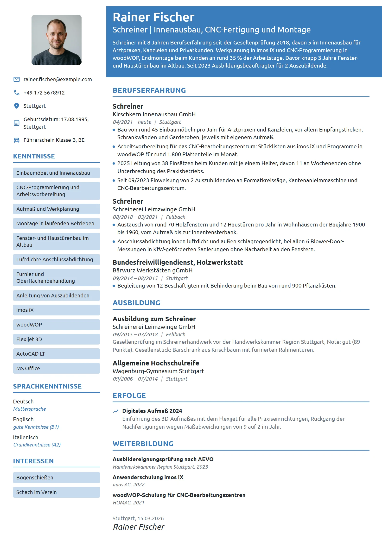 Lebenslauf-Beispiel: Schreiner im Innenausbau