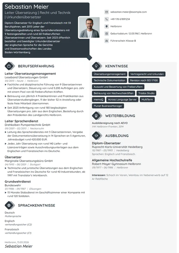 Lebenslauf-Beispiel: Leiter Übersetzungsmanagement
