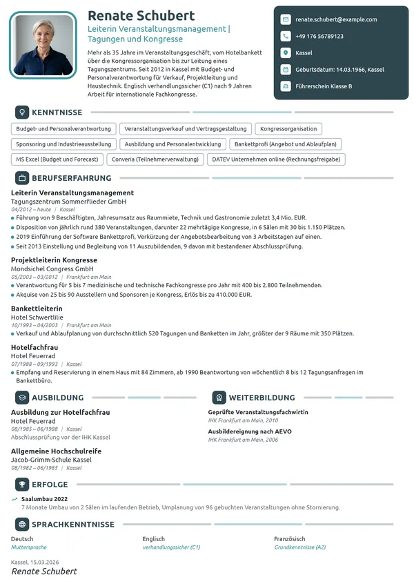 Lebenslauf-Beispiel: Leiterin Veranstaltungsmanagement