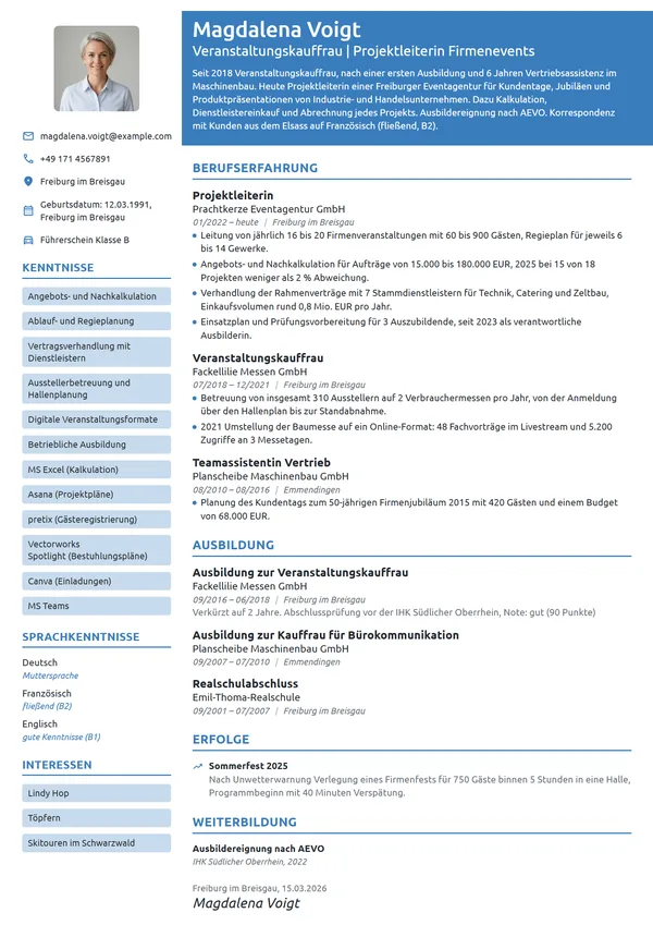 Lebenslauf-Beispiel: Veranstaltungskauffrau, Projektleitung