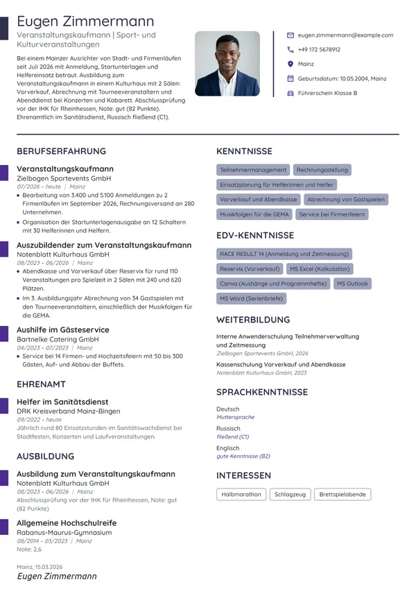 Lebenslauf-Beispiel: Veranstaltungskaufmann nach der Ausbildung