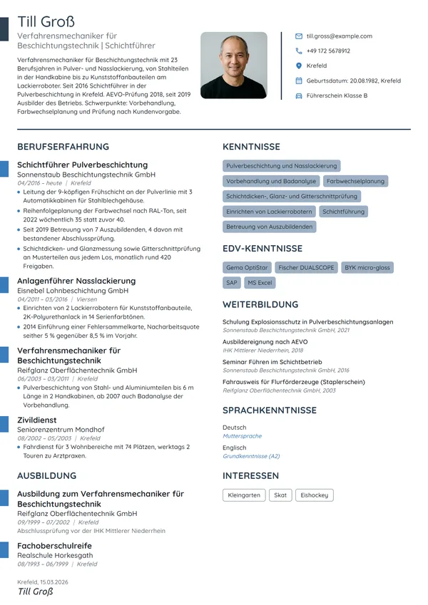 Lebenslauf-Beispiel: Verfahrensmechaniker, Beschichtungstechnik