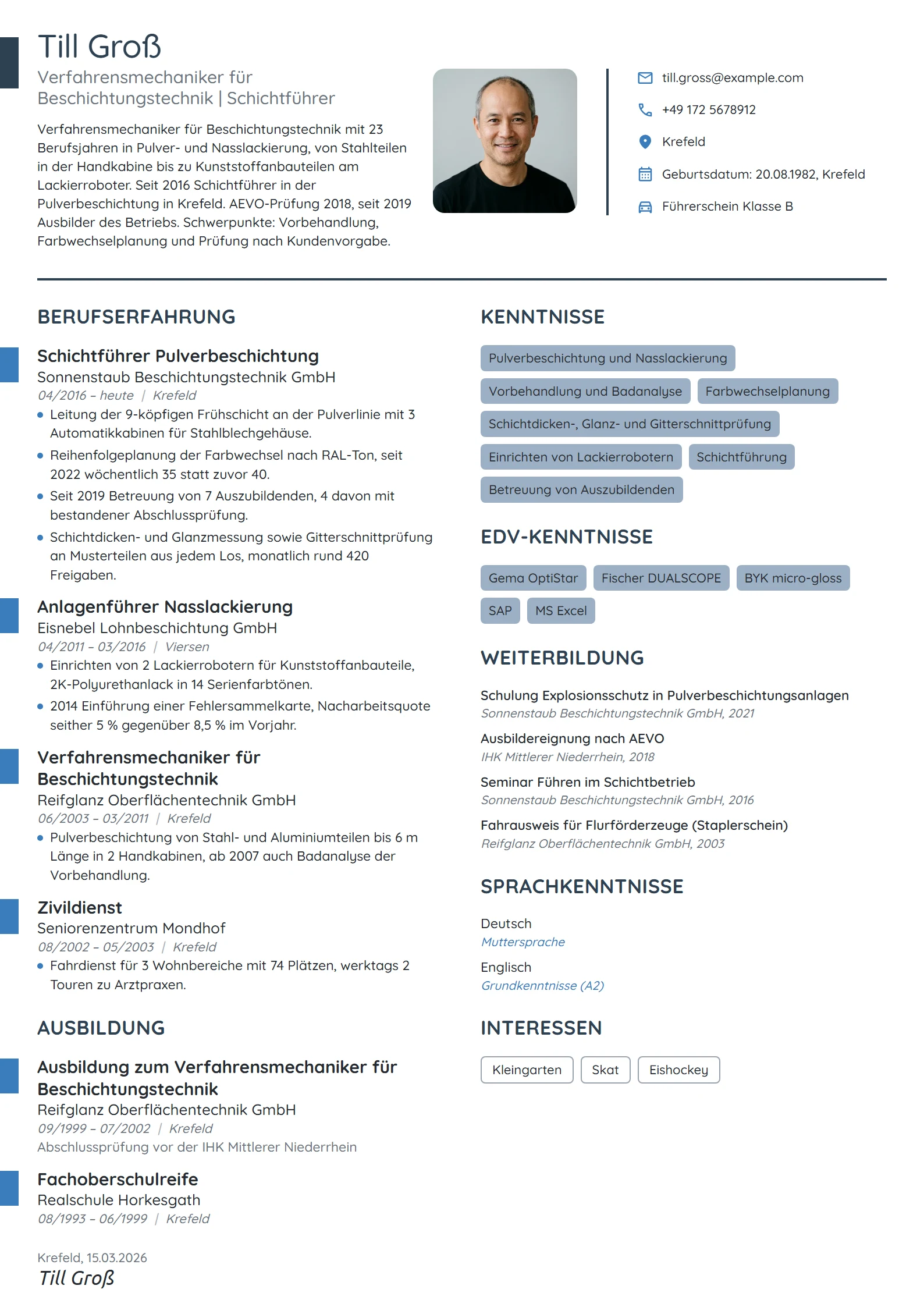 Lebenslauf-Beispiel: Verfahrensmechaniker, Beschichtungstechnik