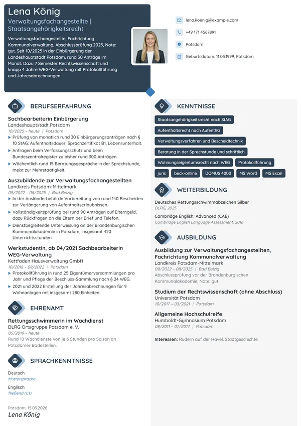 Lebenslauf-Beispiel: Verwaltungsfachangestellte, Einbürgerung