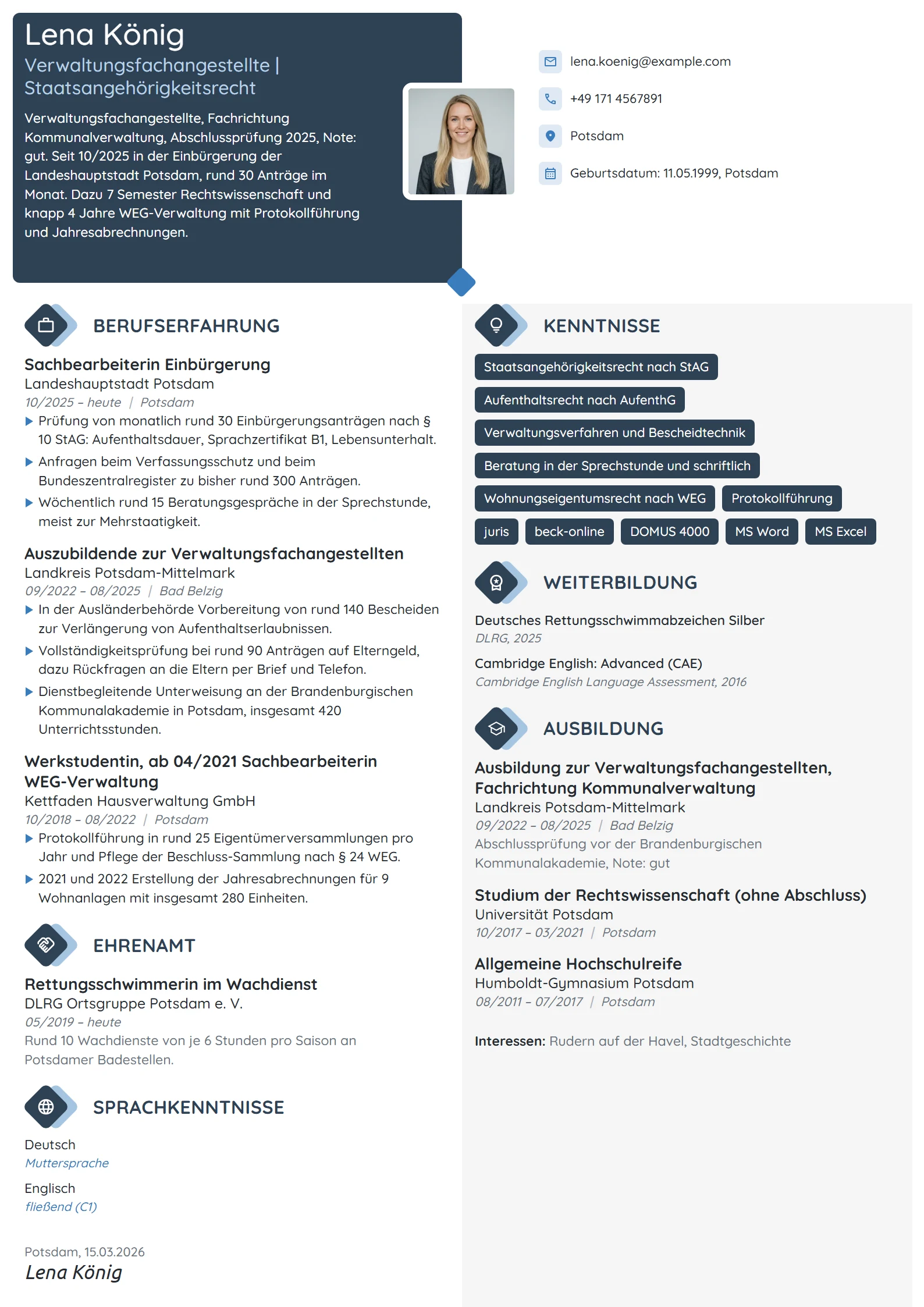 Lebenslauf-Beispiel: Verwaltungsfachangestellte, Einbürgerung