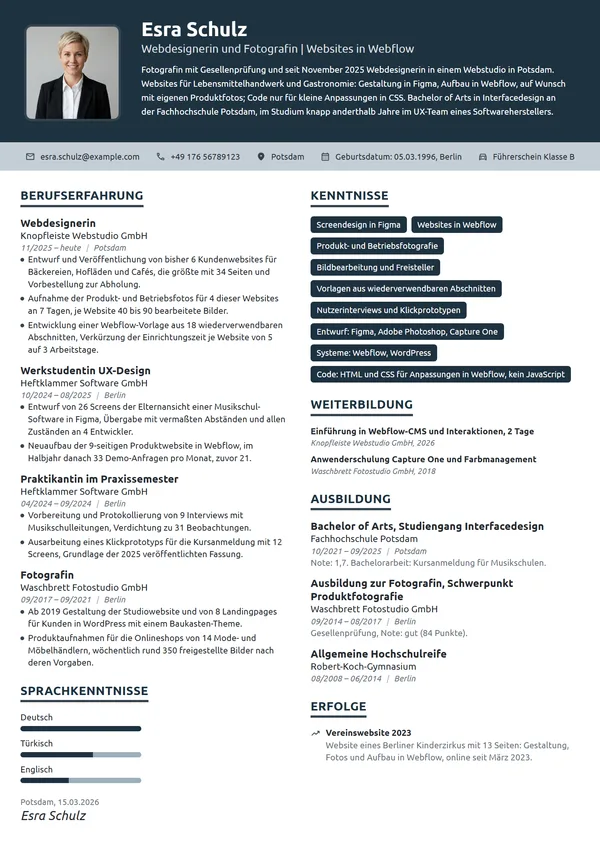 Lebenslauf-Beispiel: Webdesignerin nach Fotografie und Studium