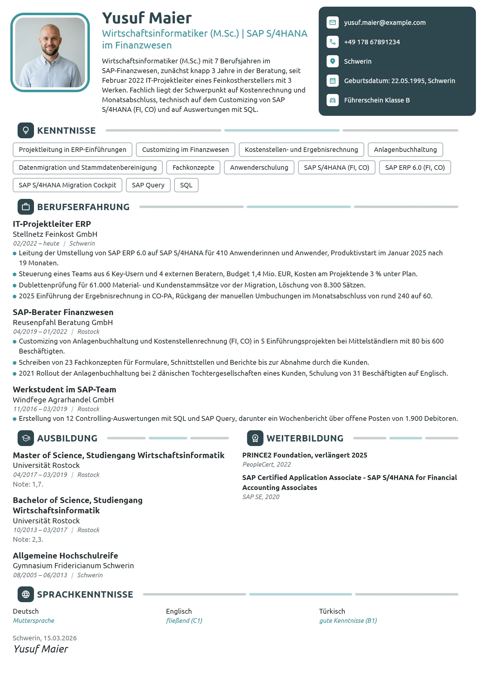 Lebenslauf-Beispiel: IT-Projektleiter ERP, SAP-Finanzwesen