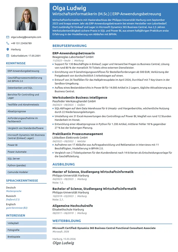 Lebenslauf-Beispiel: Wirtschaftsinformatikerin, Berufseinstieg