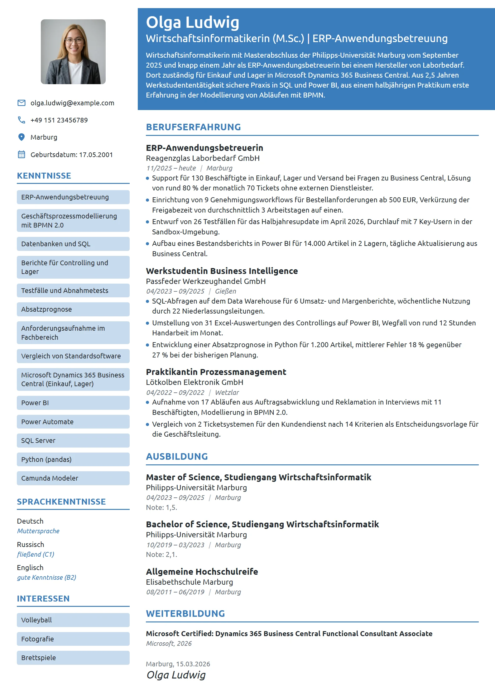 Lebenslauf-Beispiel: Wirtschaftsinformatikerin, Berufseinstieg