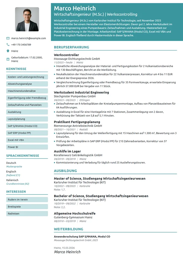 Lebenslauf-Beispiel: Wirtschaftsingenieur im Berufseinstieg