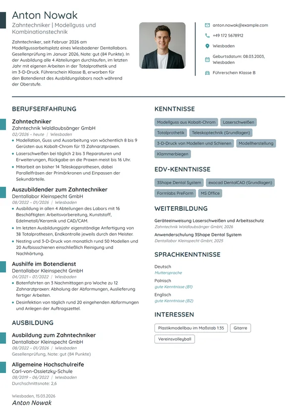 Lebenslauf-Beispiel: Zahntechniker als Berufseinsteiger