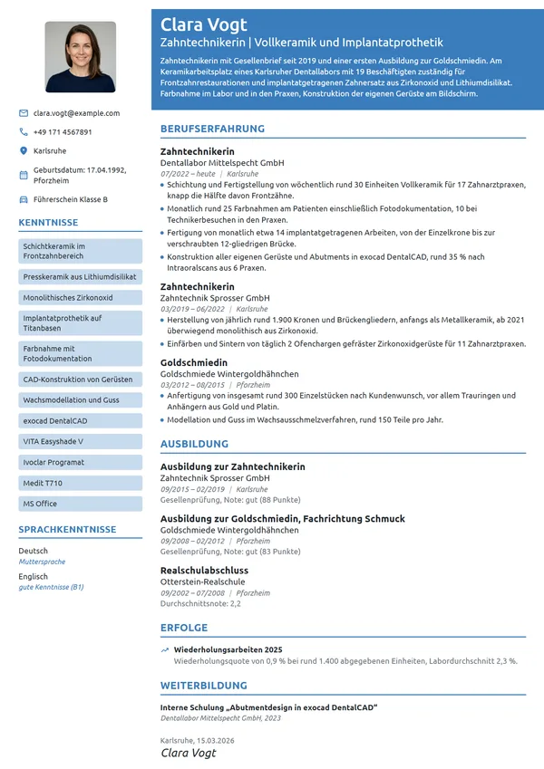 Lebenslauf-Beispiel: Zahntechnikerin, Schwerpunkt Keramik