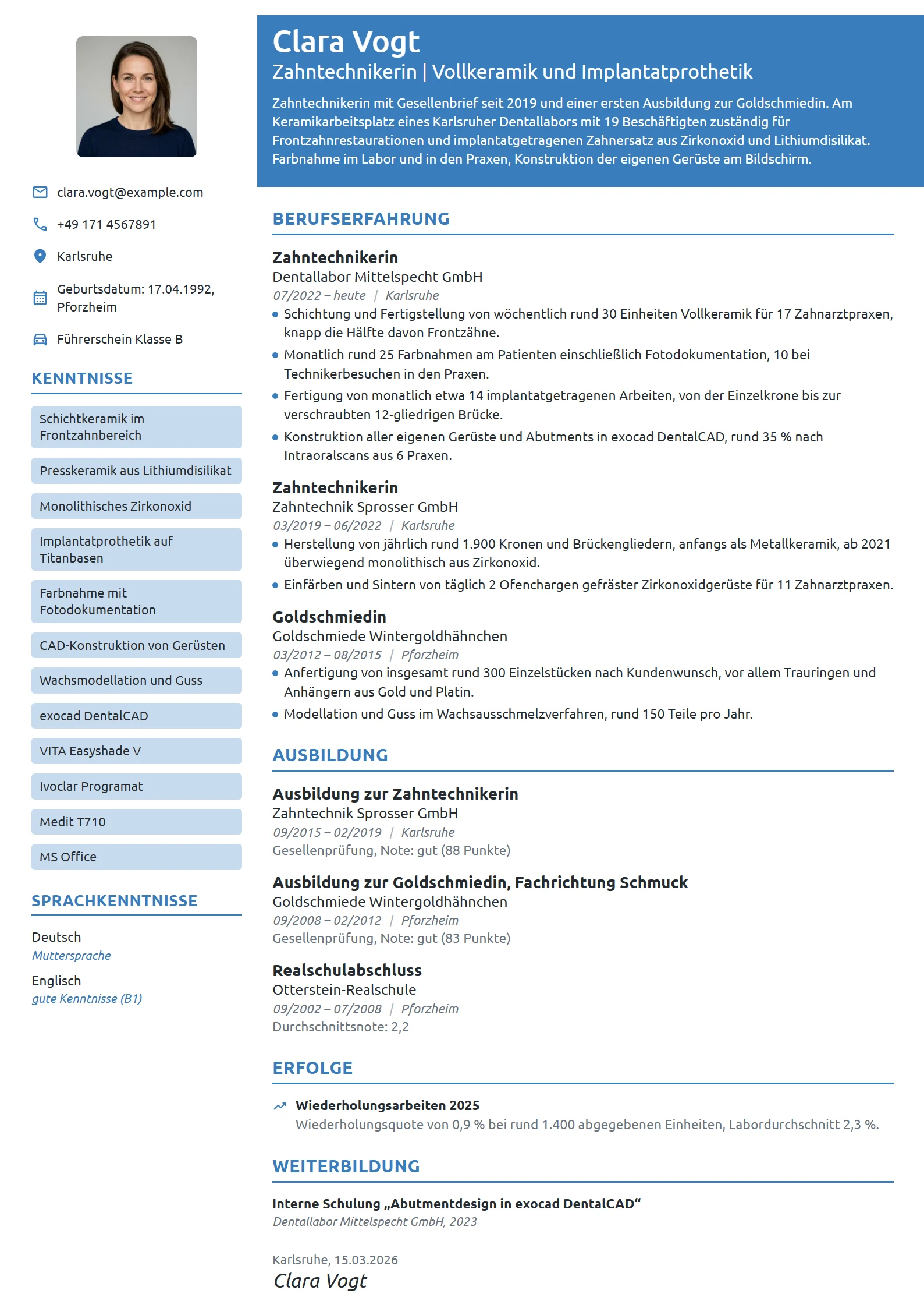 Lebenslauf-Beispiel: Zahntechnikerin, Schwerpunkt Keramik