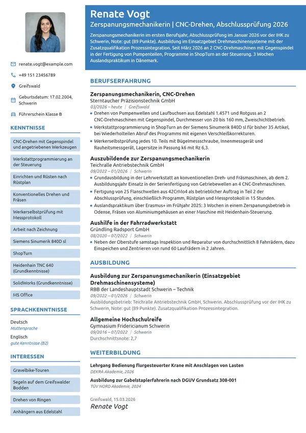 Lebenslauf-Beispiel: Zerspanungsmechanikerin im Berufseinstieg
