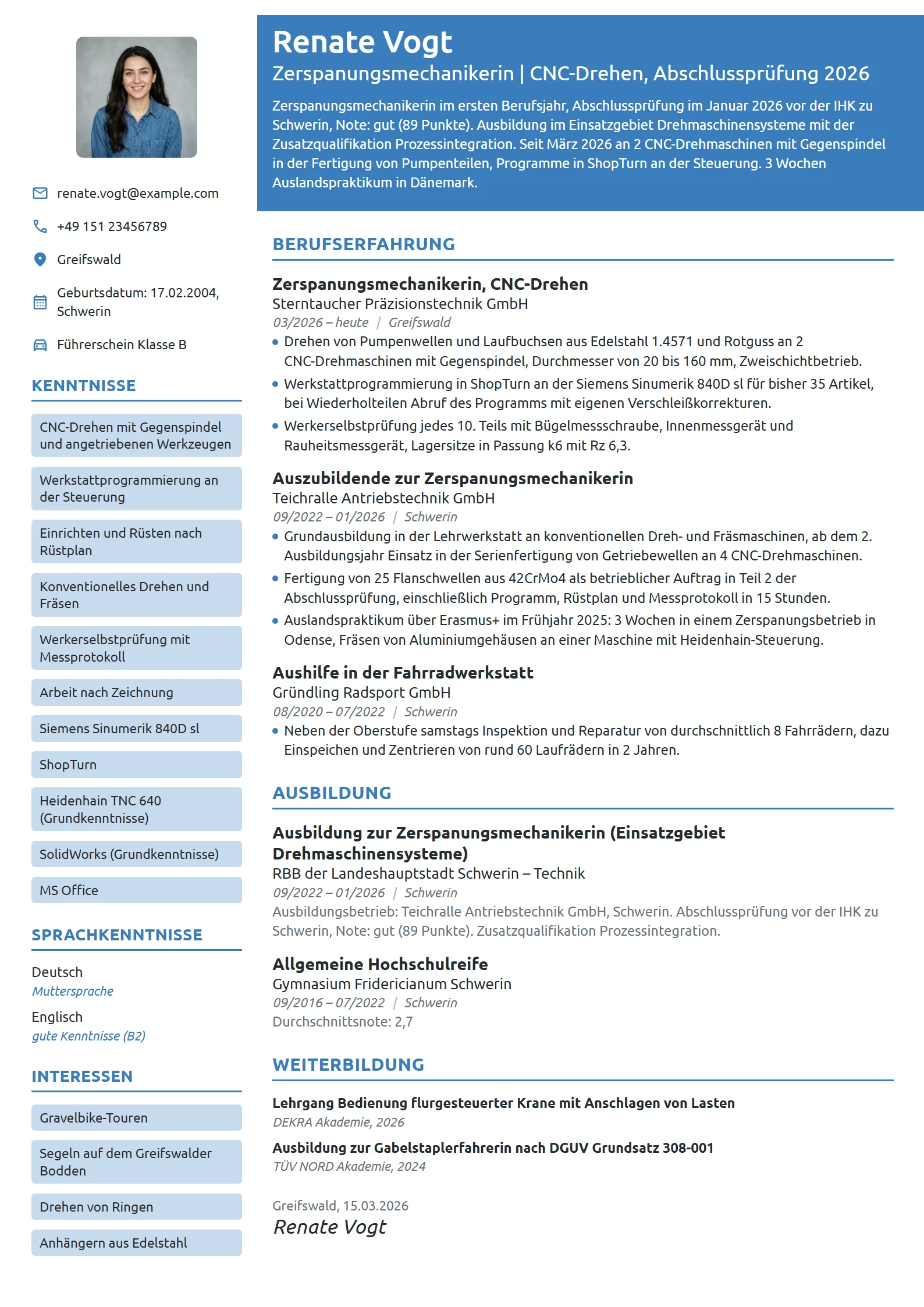 Lebenslauf-Beispiel: Zerspanungsmechanikerin im Berufseinstieg