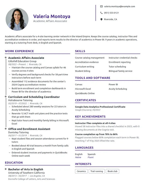 Academic Affairs Associate resume example