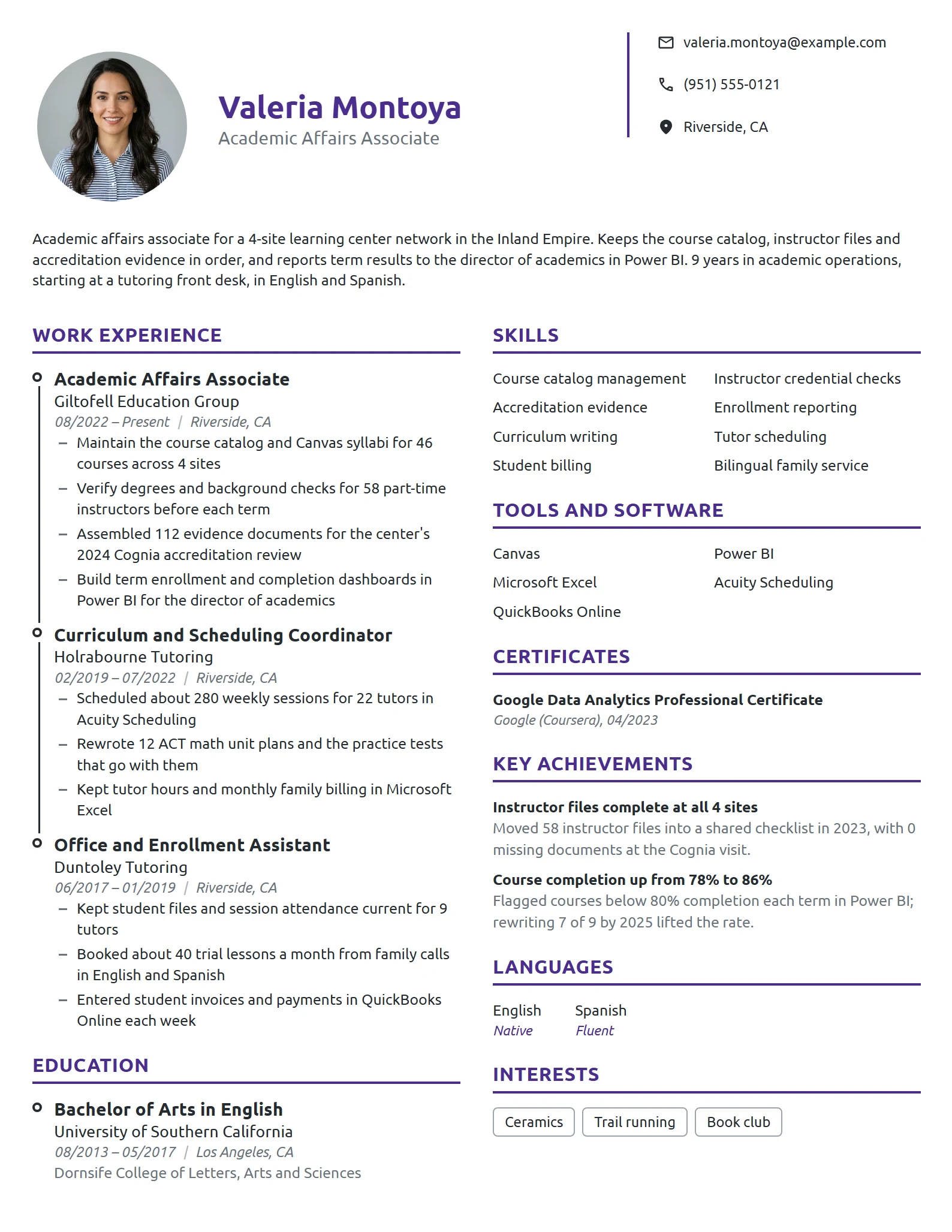 Academic Affairs Associate resume example