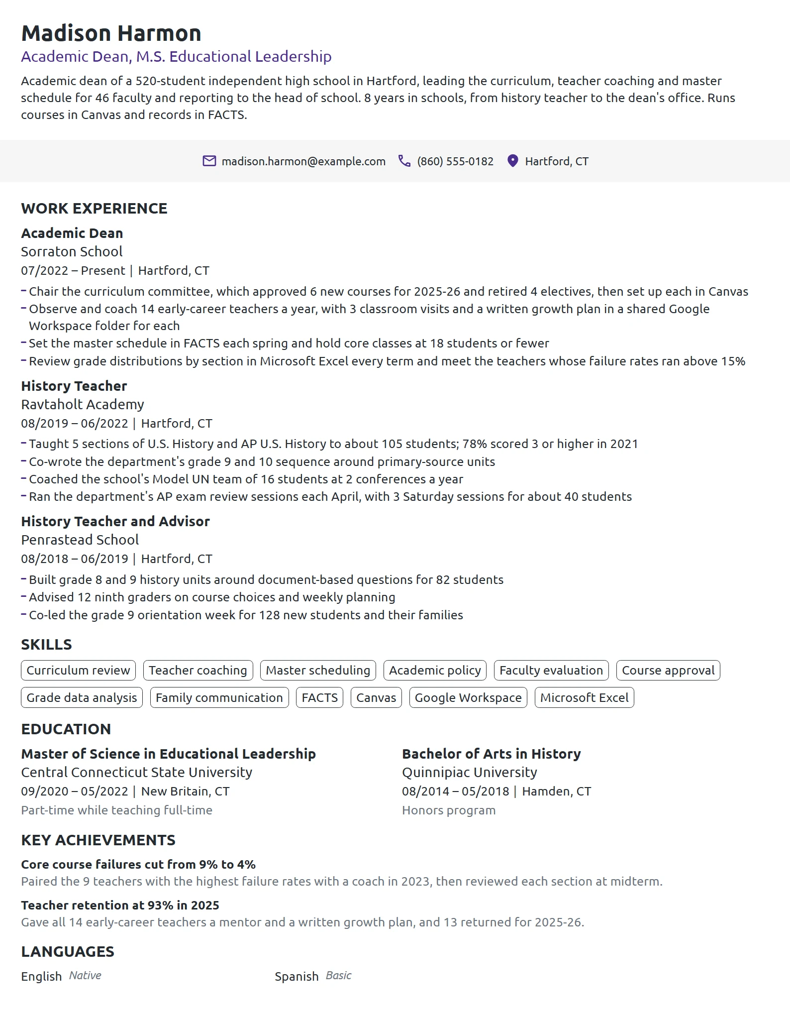 Academic Dean resume example