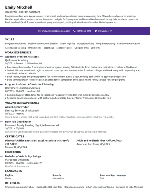 Academic Program Assistant resume example