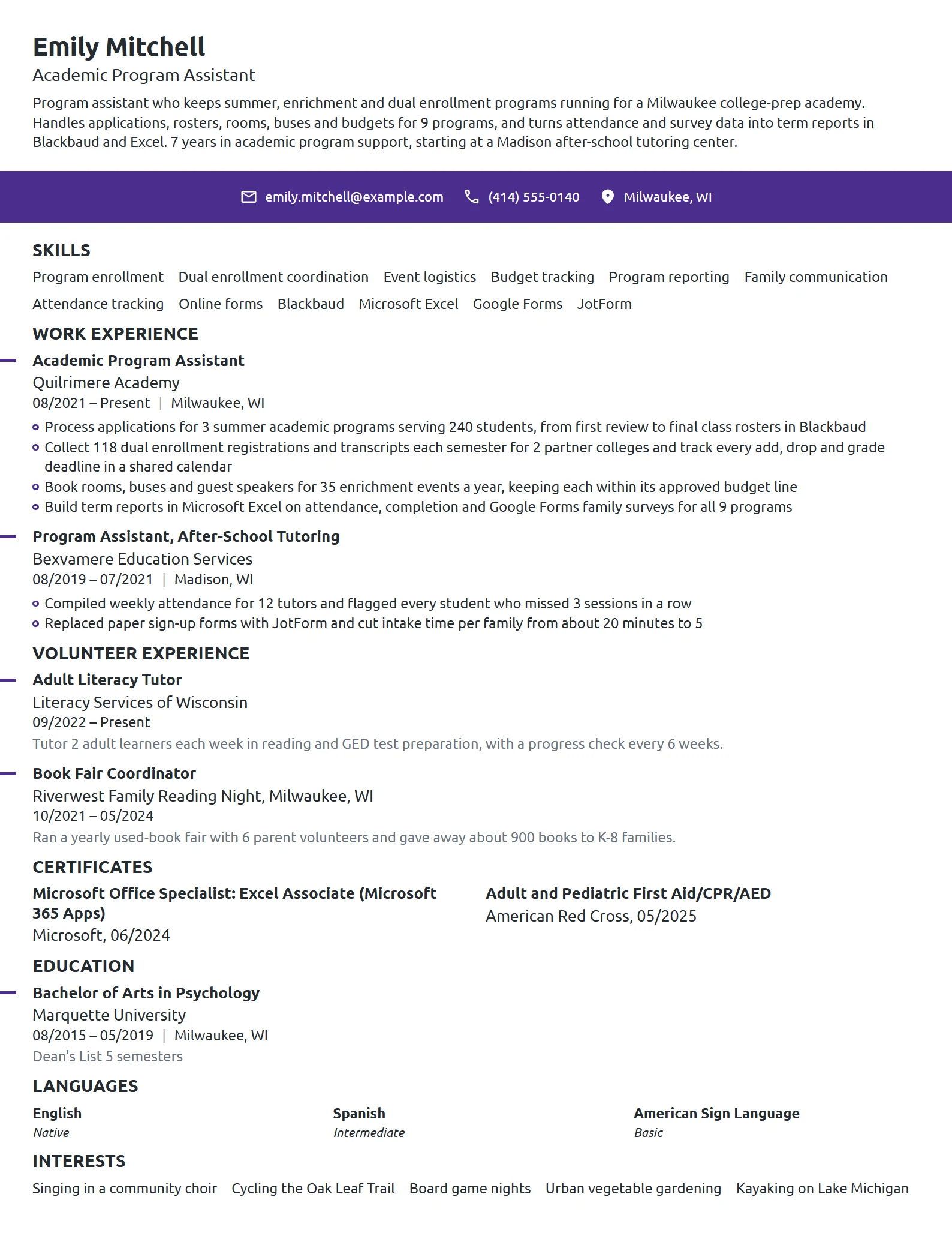 Academic Program Assistant resume example