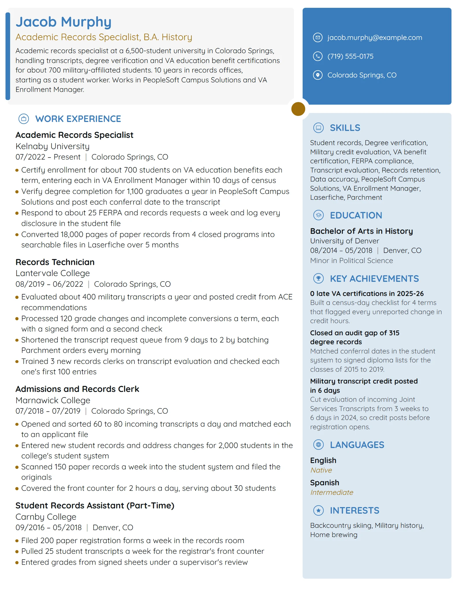 Academic Records Specialist resume example