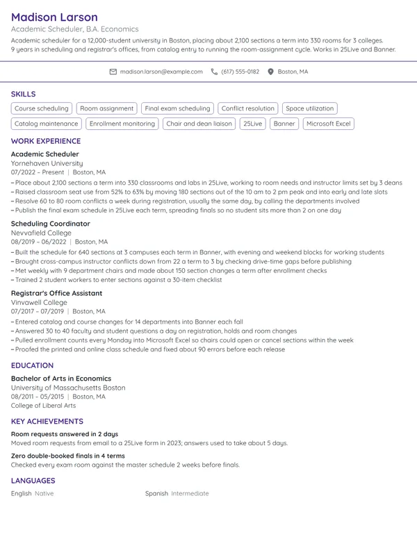 Academic Scheduler resume example