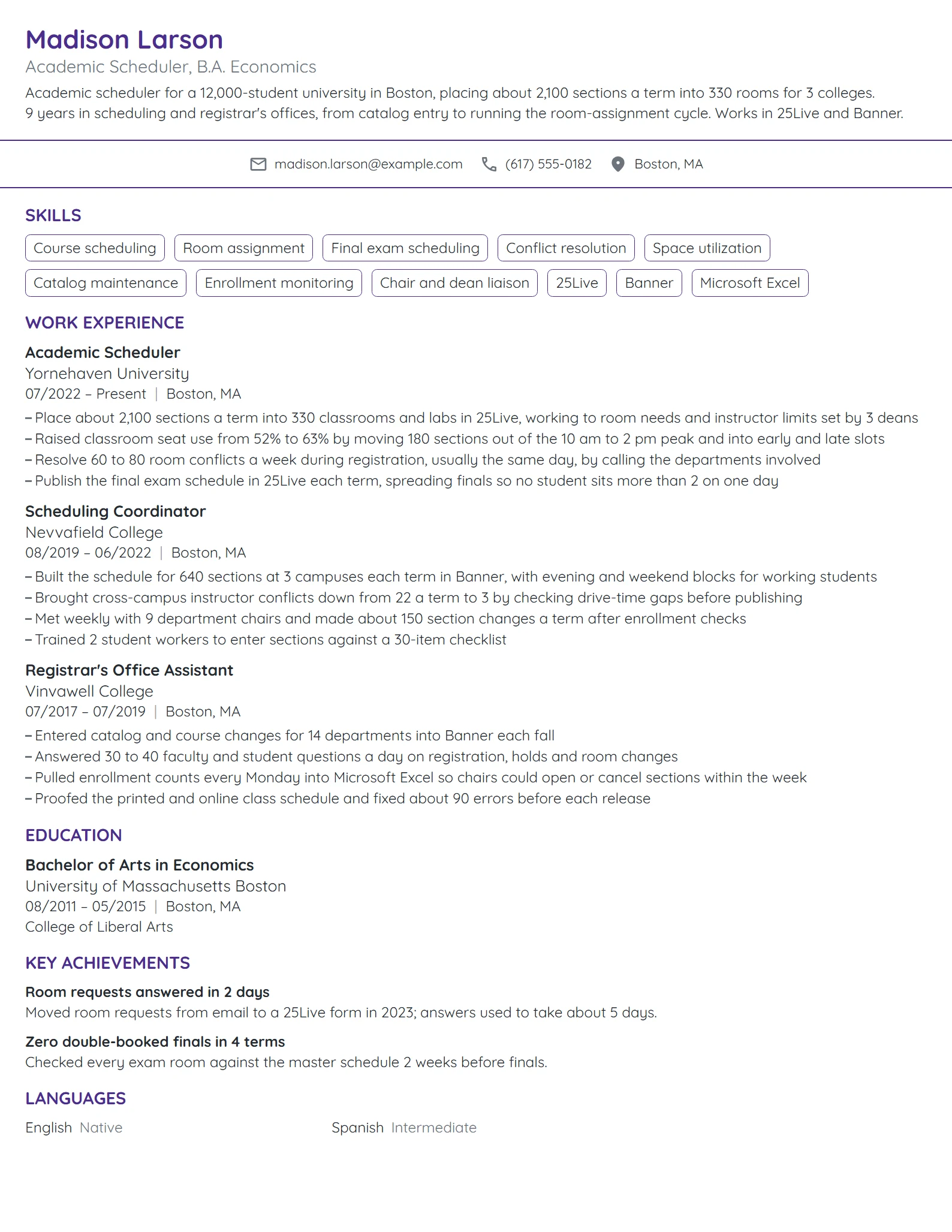 Academic Scheduler resume example