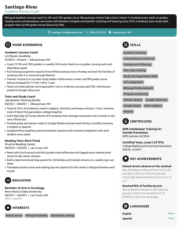 Academic Success Coach resume example