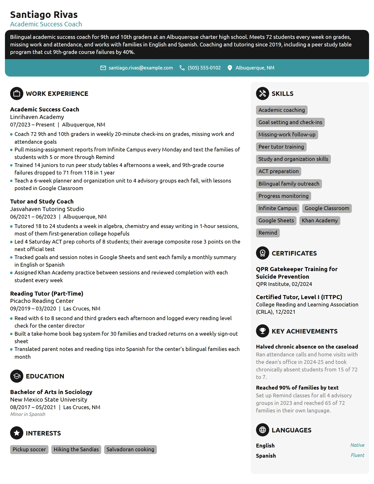 Academic Success Coach resume example