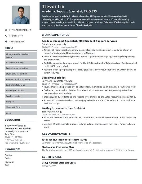 Academic Support Specialist resume example
