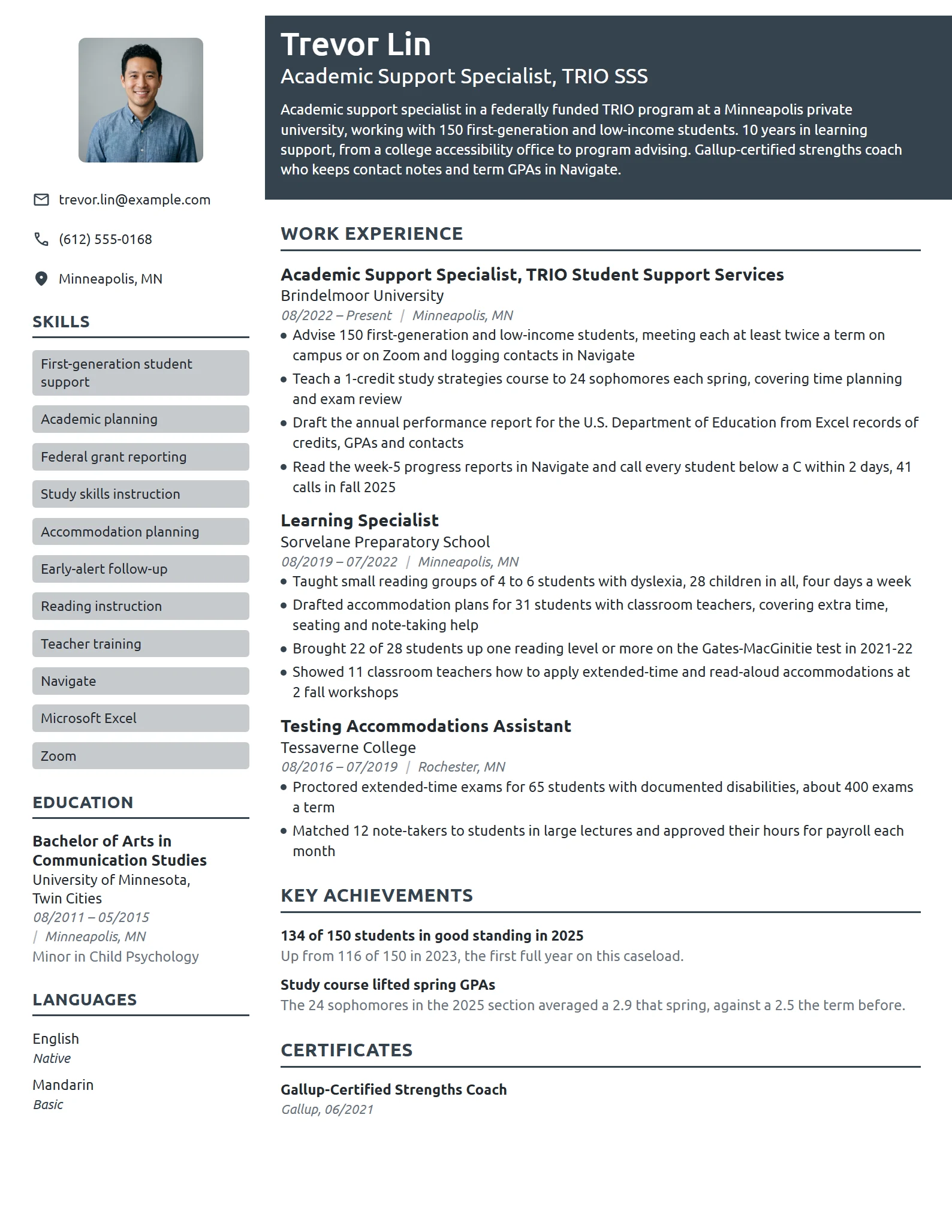 Academic Support Specialist resume example