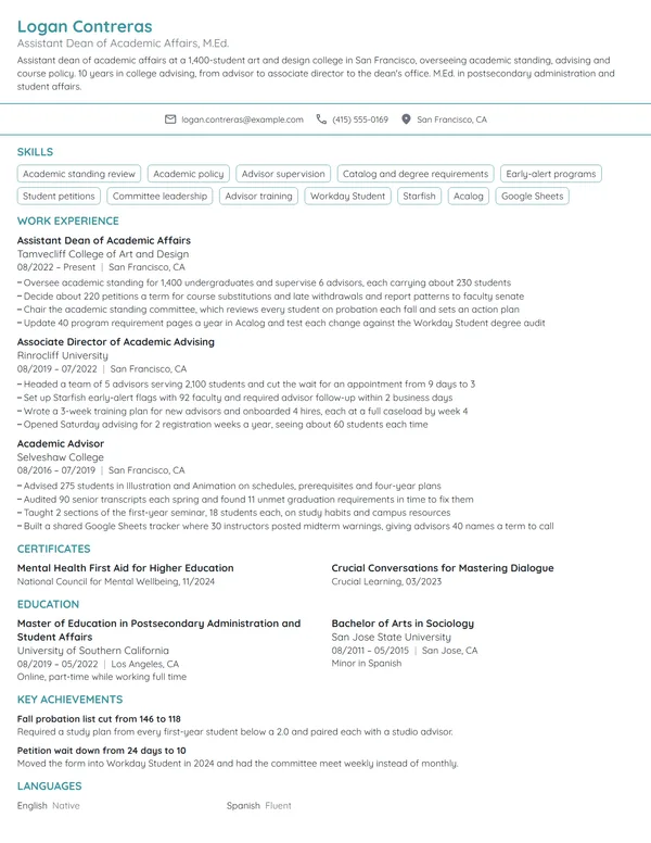 Assistant Dean resume example