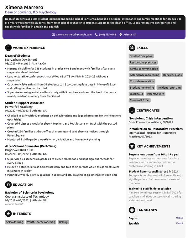 Dean of Students resume example