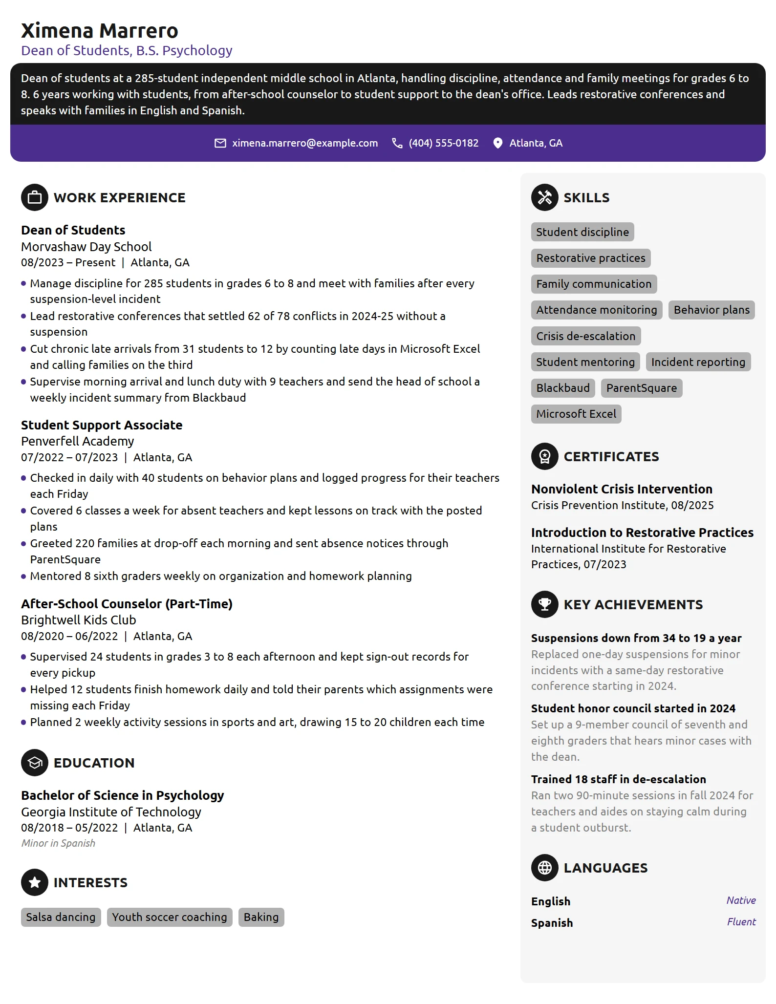 Dean of Students resume example