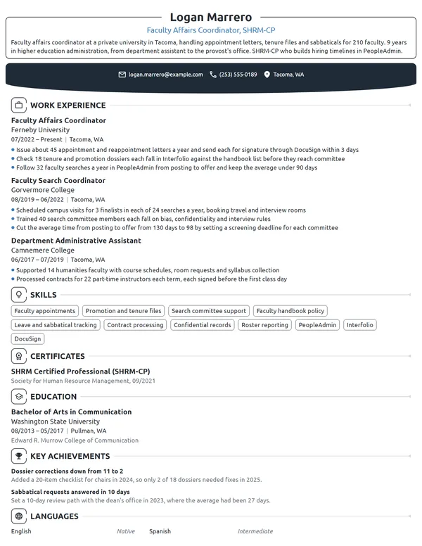 Faculty Affairs Coordinator resume example