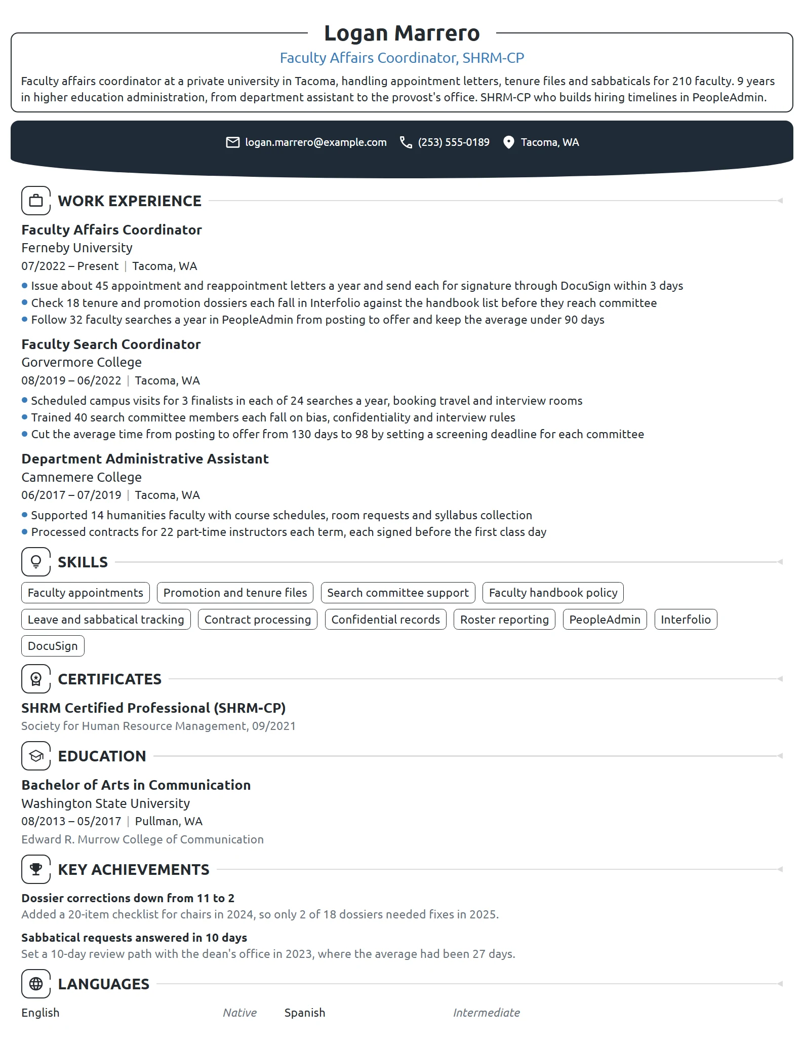 Faculty Affairs Coordinator resume example