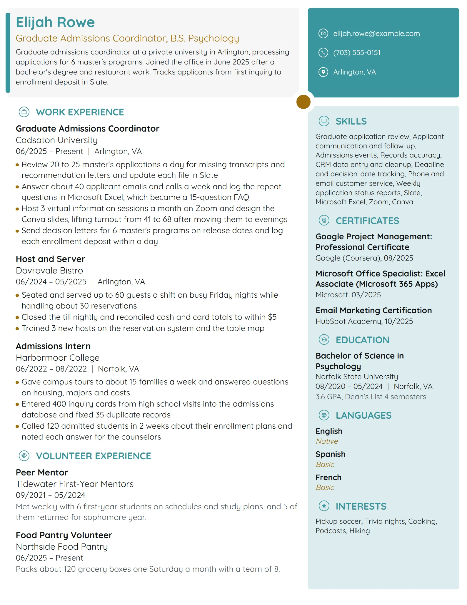 Graduate Admissions Coordinator resume example