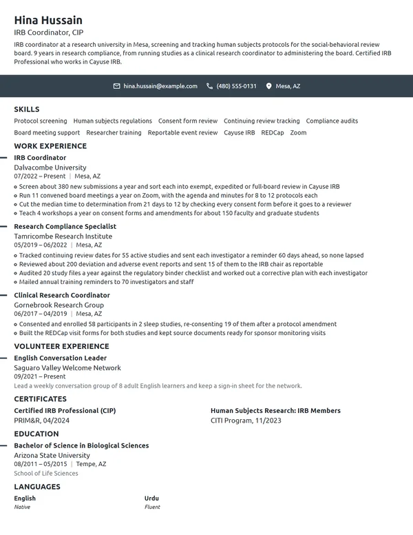 IRB Coordinator resume example
