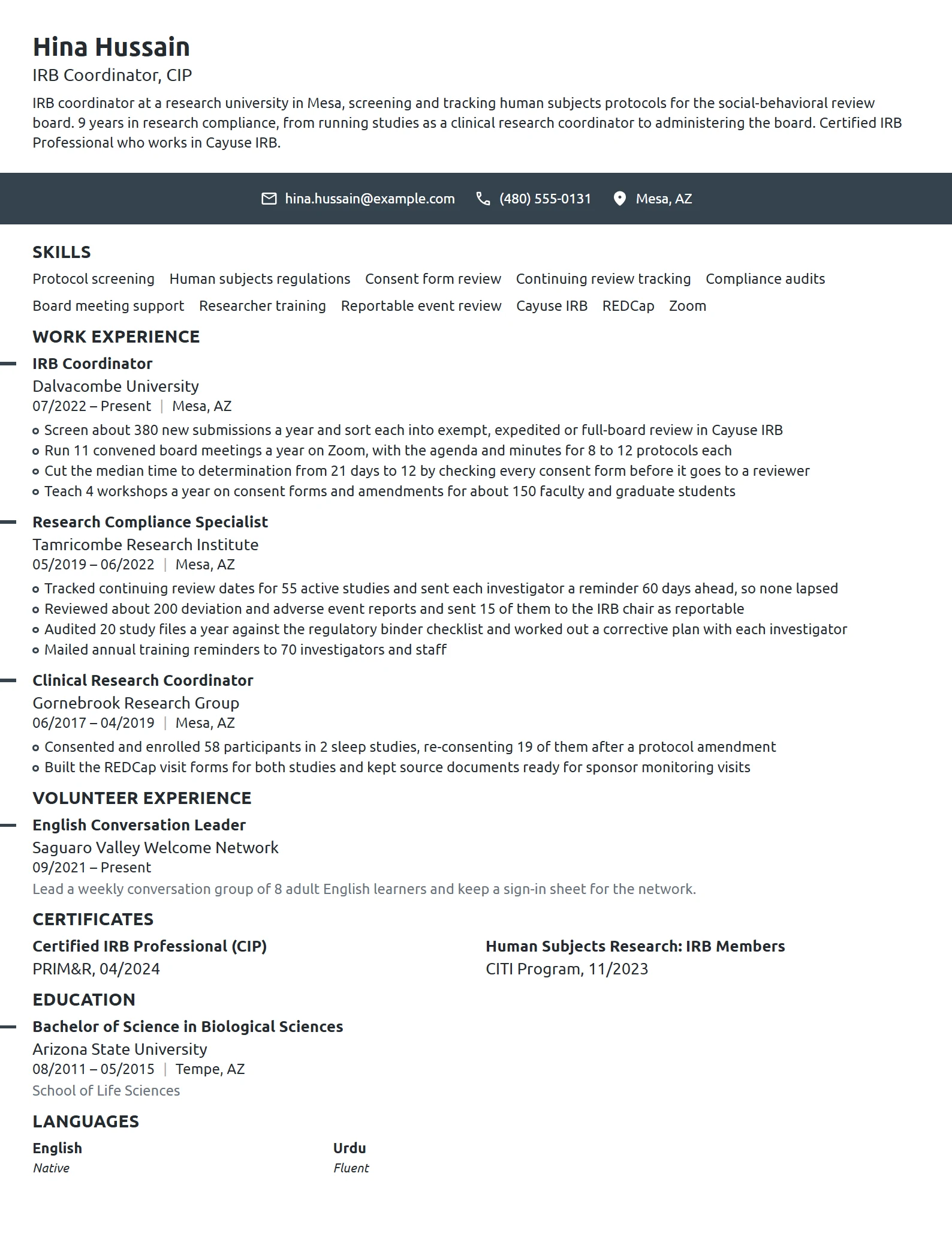 IRB Coordinator resume example