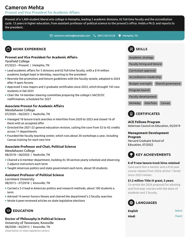 Provost resume example