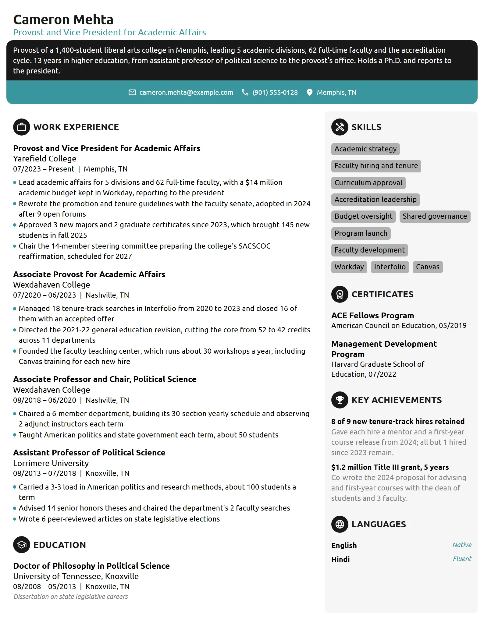 Provost resume example