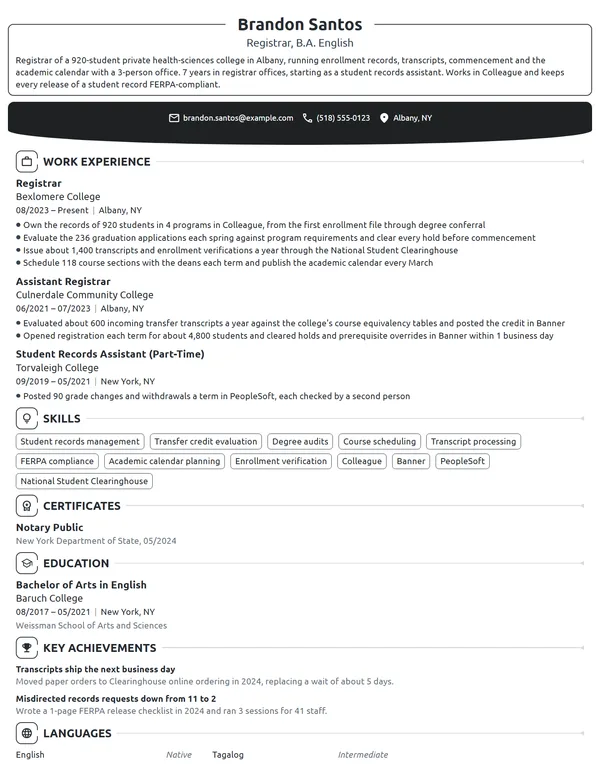 Registrar resume example