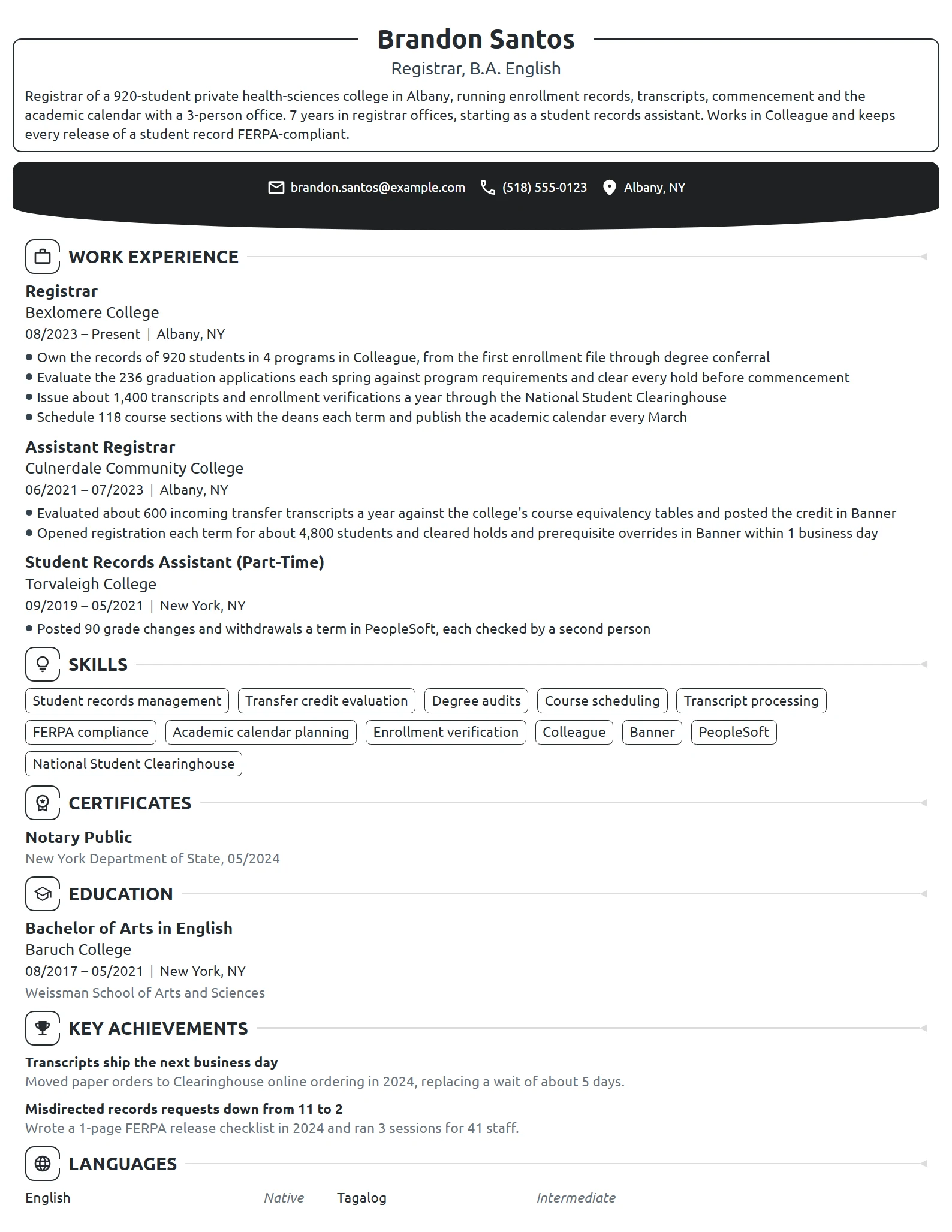 Registrar resume example
