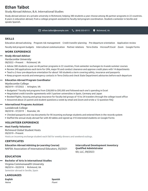 Study Abroad Advisor resume example