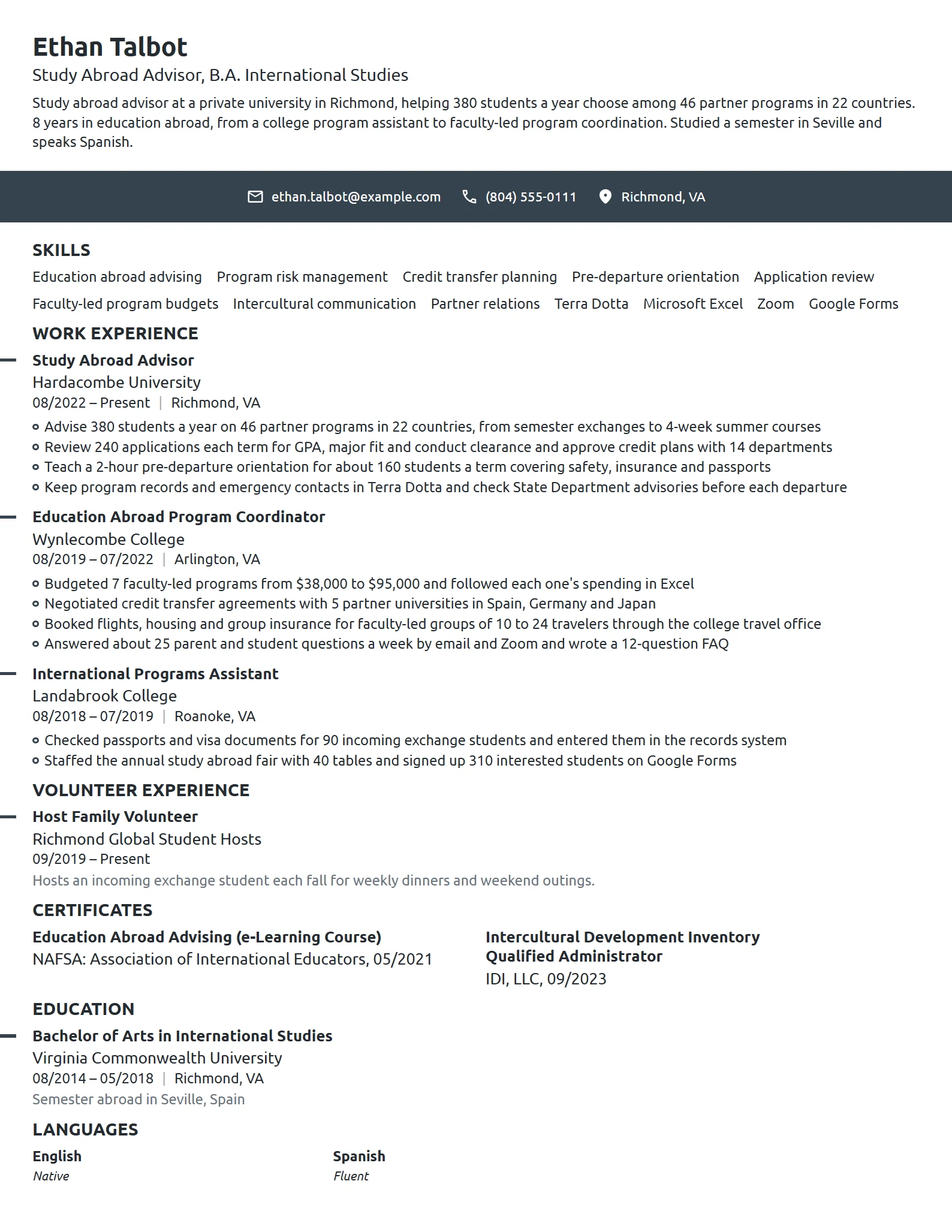 Study Abroad Advisor resume example