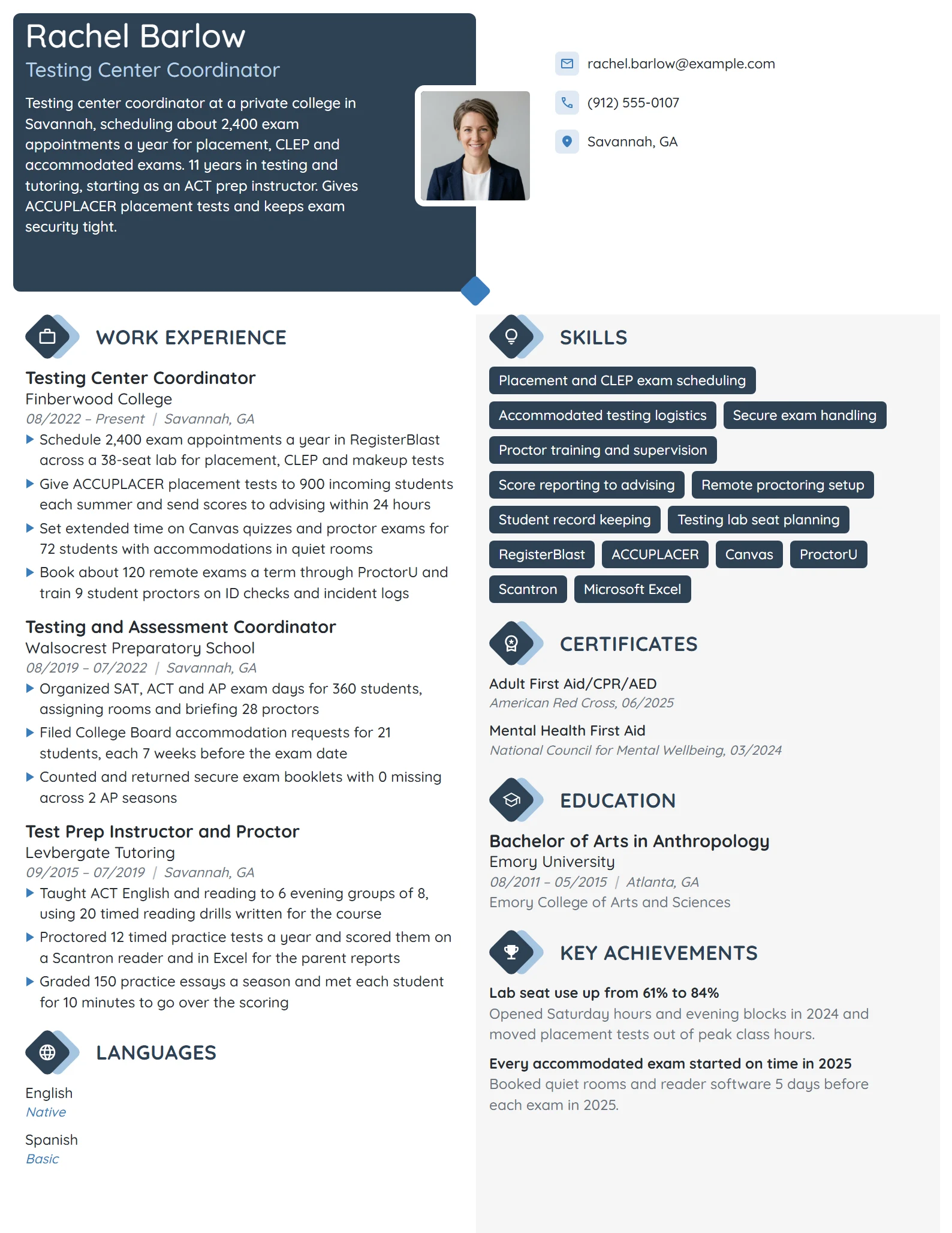 Testing Center Coordinator resume example