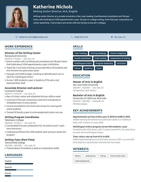 Writing Center Director resume example