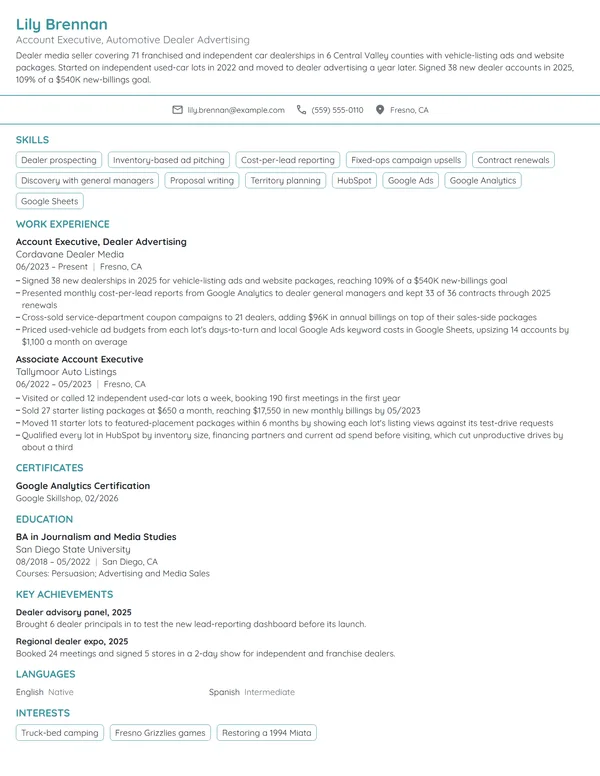 Automotive Account Executive resume example